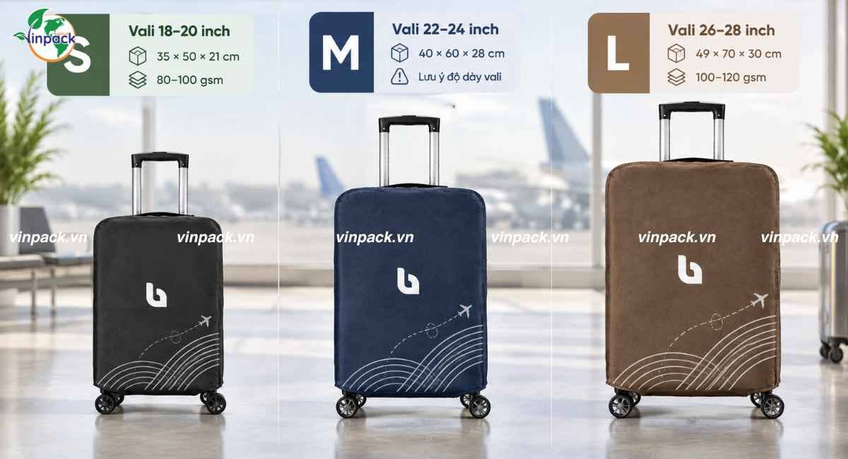 Các kích thước túi vải không dệt bọc vali