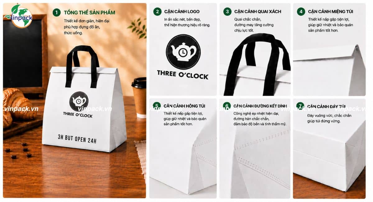 Cận cảnh chi tiết các thành phần túi vải không dệt giữ nhiệt Teatime