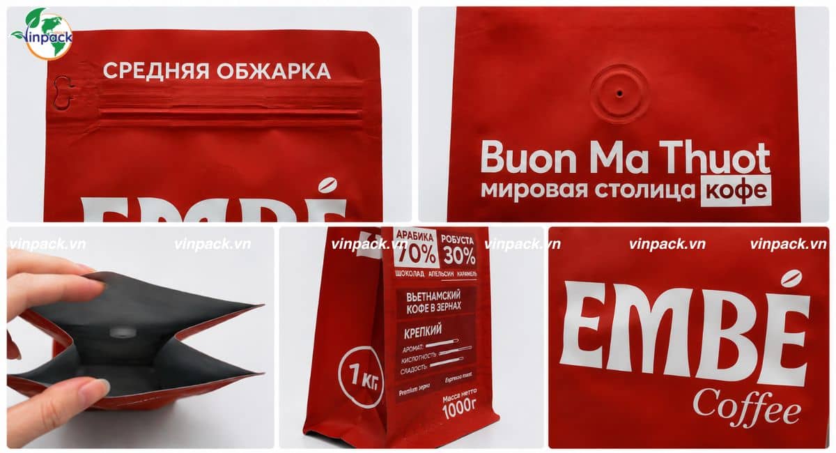 Cận cảnh túi granti 8 cạnh đựng cà phê của EmBé Coffee