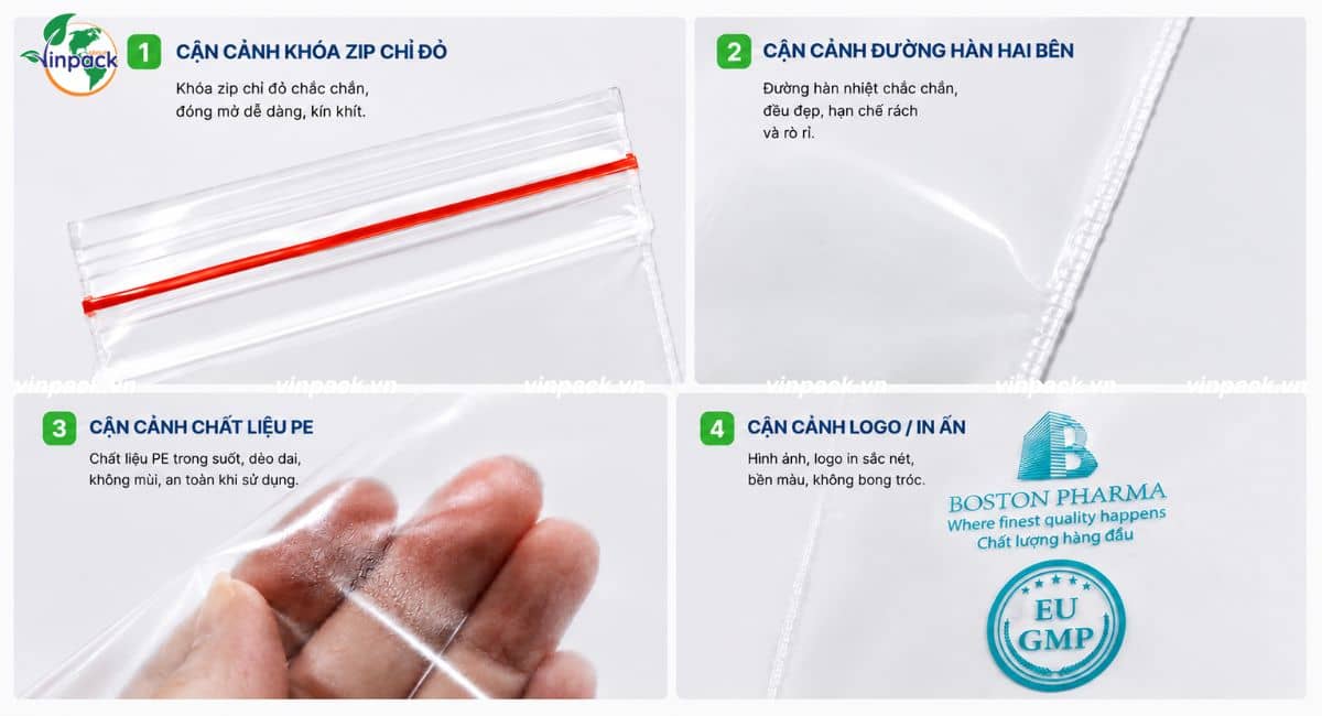 Cận cảnh túi zipper chỉ đỏ đựng dược phẩm