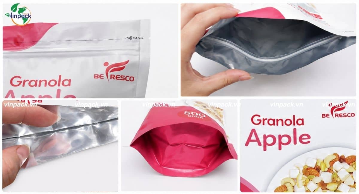 Cận cảnh túi zipper đáy đứng đựng Granola Befresco