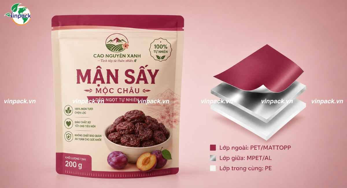 Cấu trúc bao bì màng ghép đựng mận sấy
