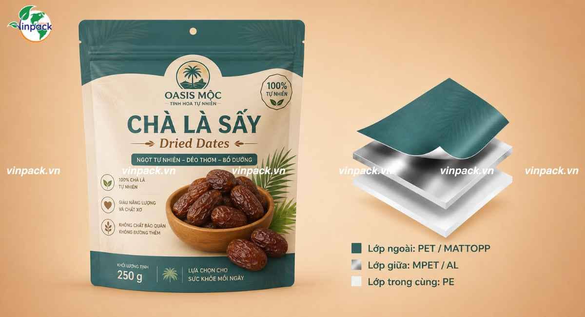 Cấu trúc màng ghép bao bì chà là sấy