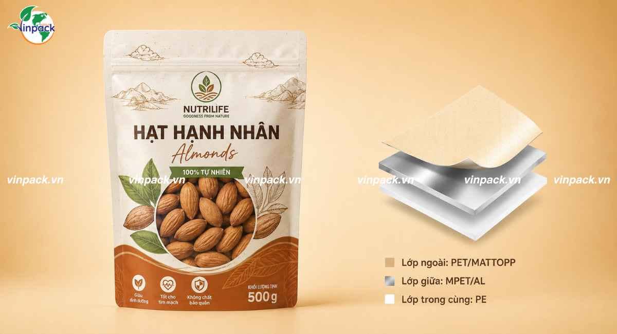 Cấu trúc các lớp màng ghép bao bì hạnh nhân