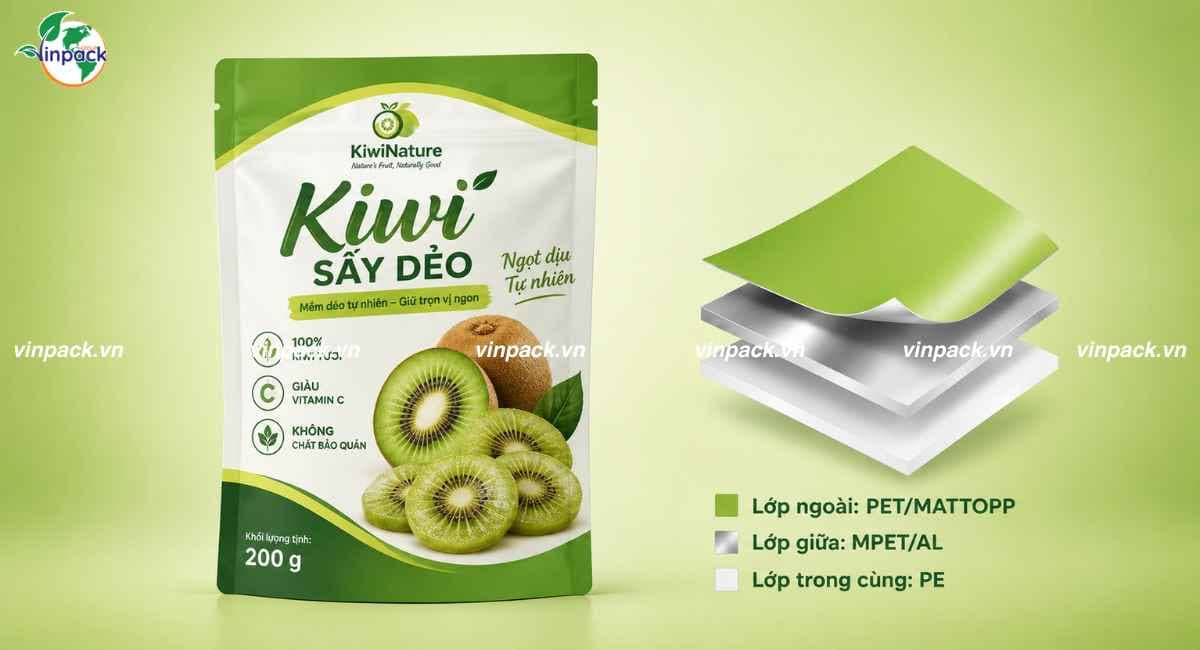 Cấu trúc màng ghép bao bì kiwi sấy dẻo