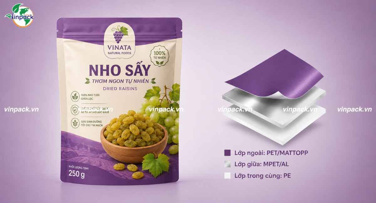 Cấu trúc màng ghép bao bì nho sấy