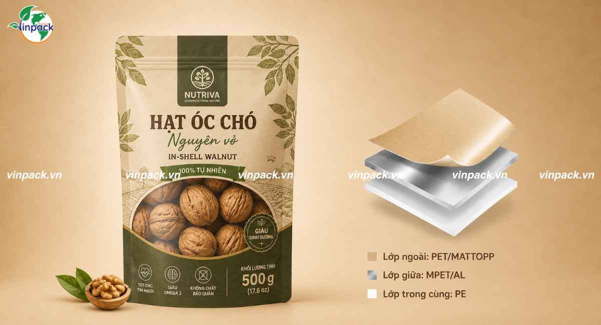 Cấu trúc bao bì màng ghép hạt óc chó