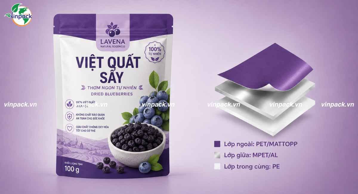 Cấu trúc màng ghép bao bì việt quất sấy