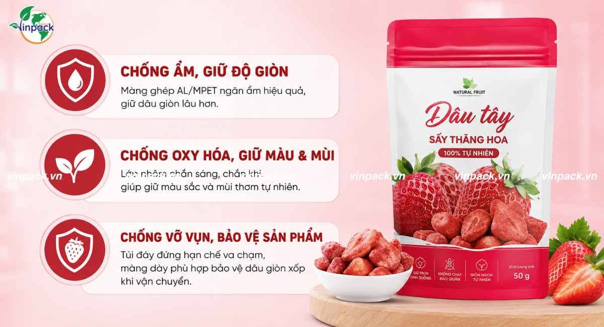 Công dụng của bao bì đối với dâu sấy thăng hoa