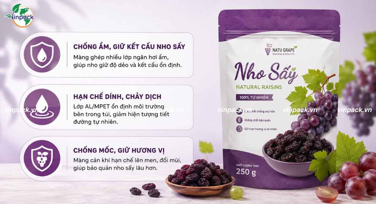 Công dụng bao bì nho sấy