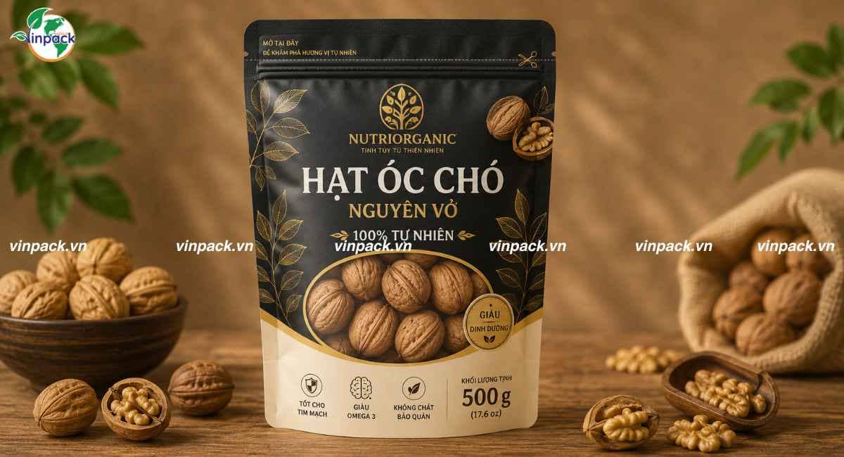 Dịch vụ in bao bì hạt óc chó sang trọng theo yêu cầu tăng nhận diện thương hiệu