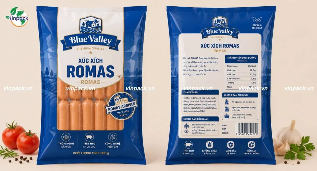 Dịch vụ in bao bì xúc xích 2 mặt trước sau