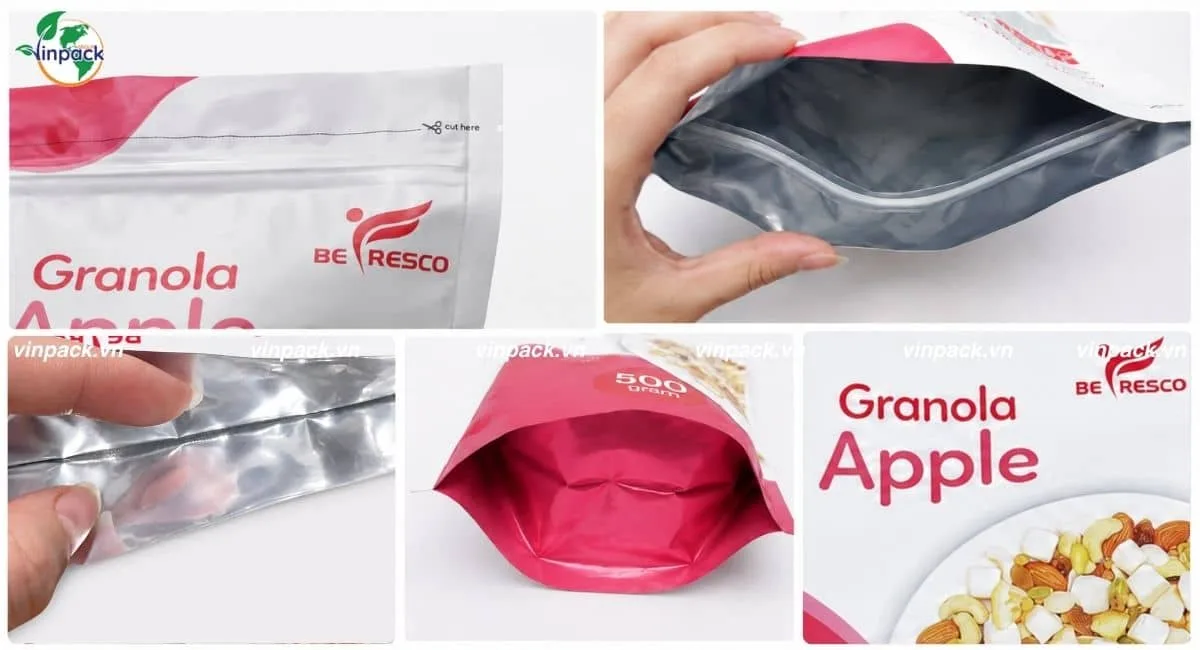 Cận cảnh túi zipper đáy đứng đựng Granola Befresco