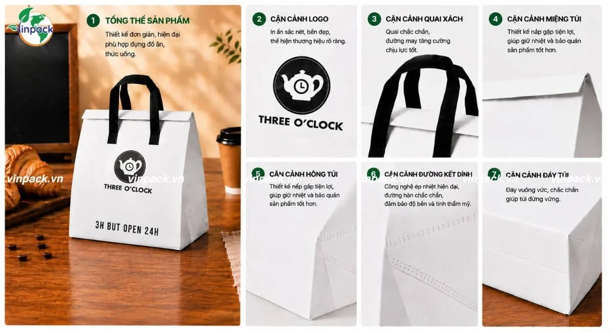 Cận cảnh chi tiết các thành phần túi vải không dệt giữ nhiệt Teatime