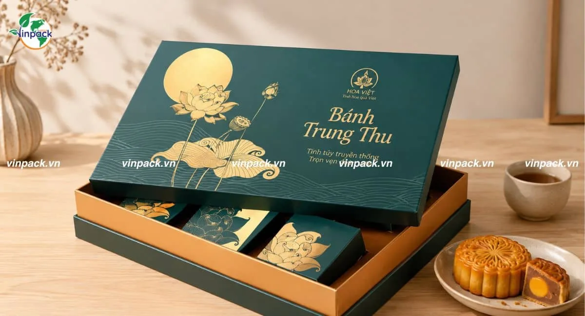 Mẫu hộp giấy đựng bánh trung thu hộp nhỏ hợp lớn in 3 màu đồng bộ nhận diện thương hiệu