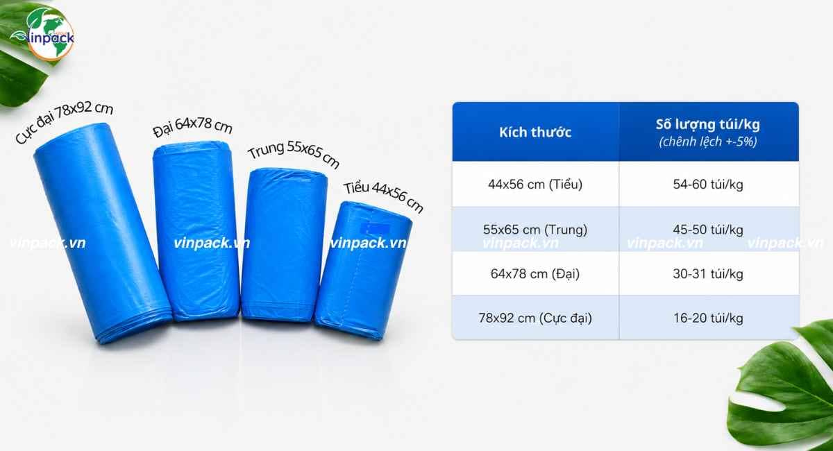 Các kích thước túi đựng rác to nhỏ khác nhau tại VInpack