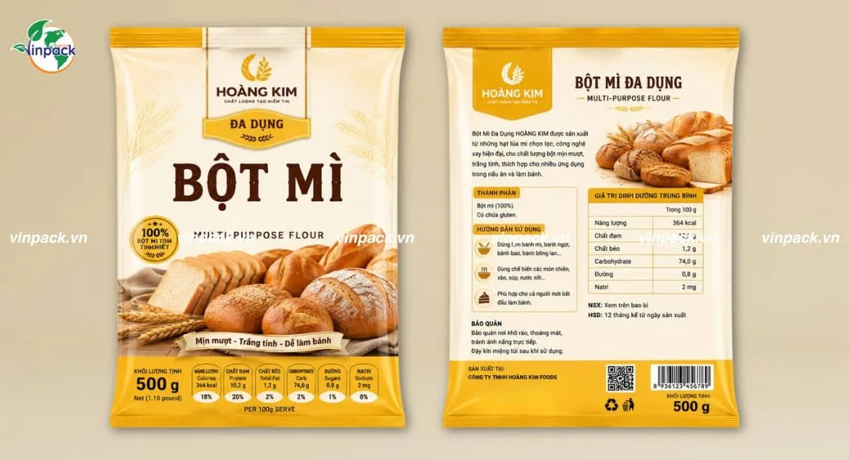 Mẫu bao bì bột mì gới 500g in 2 mặt sắc nét đầy đủ thông tin