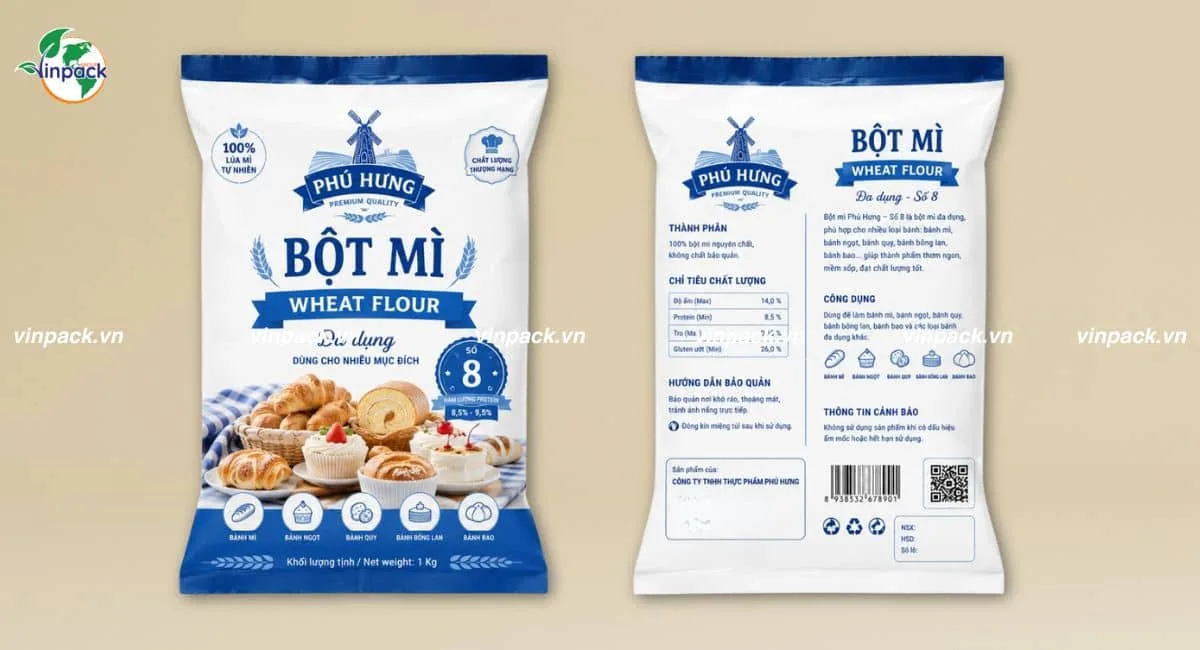 Mẫu bao bì bột mì túi hàn lưng giữa in theo yêu cầu