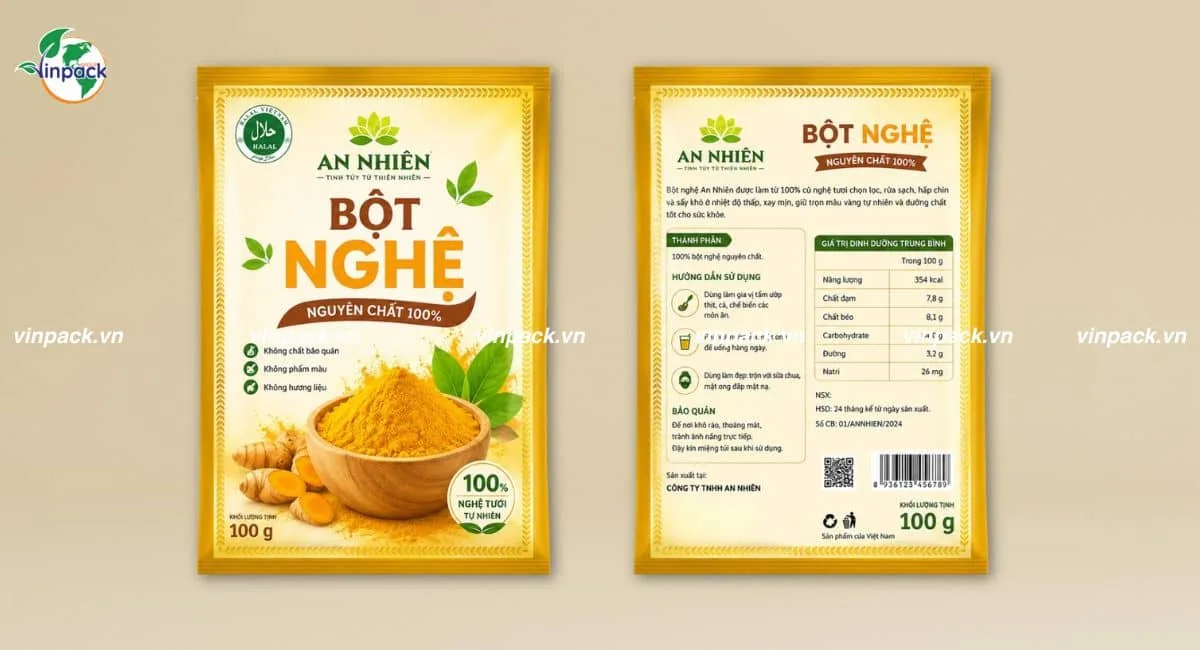 Mẫu bao bì túi 3 biên đựng bột nghệ