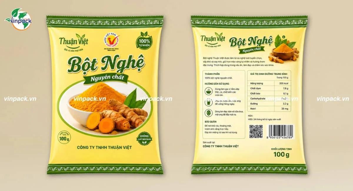 Mẫu bao bì bột nghệ 2 mặt trước sau in trục đồng