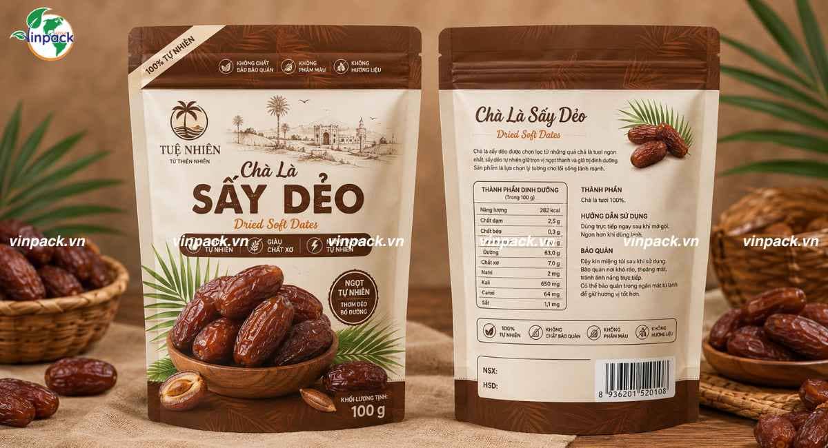 Mẫu bao bì chà là sấy 100g túi zipper đáy đứng