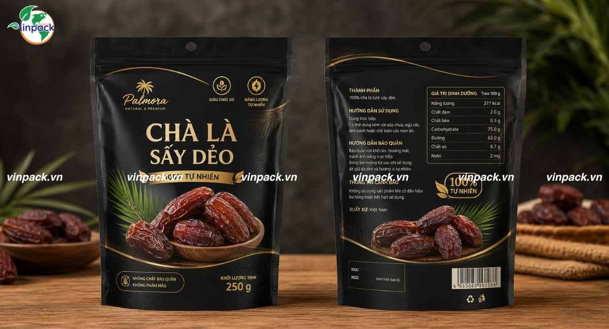 Mẫu bao bì chà là sấy 250g in trục đồng zipper đáy đứng