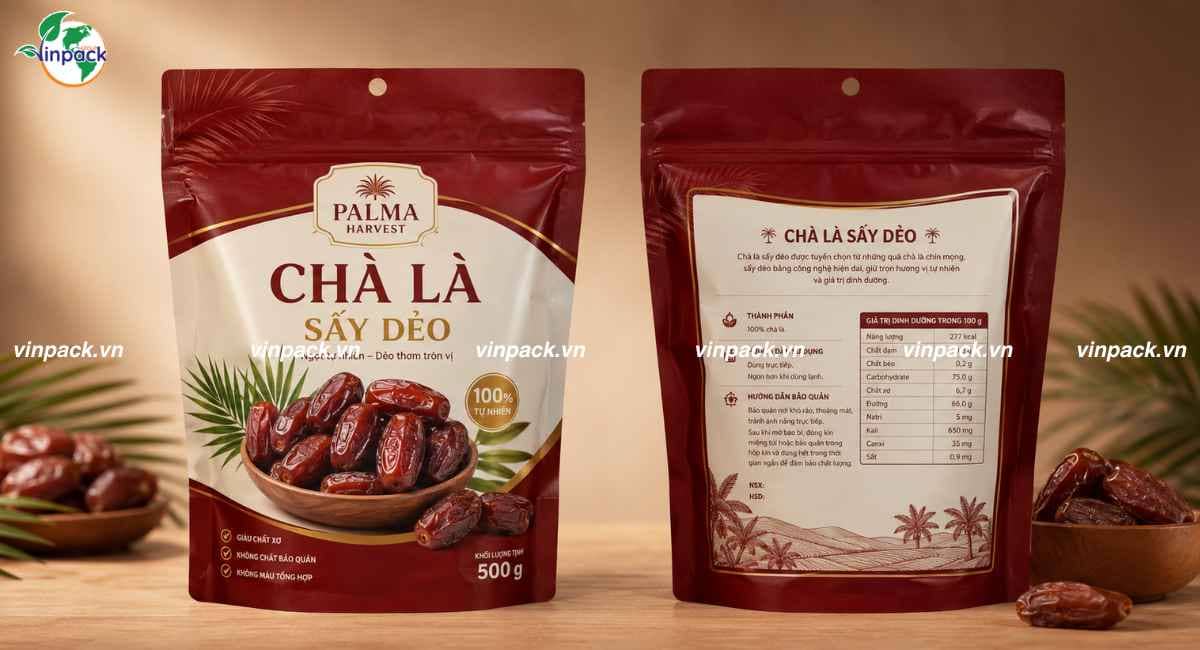 Mẫu bao bì chà là sấy in trục đồng 2 mặt trước sau đầy đủ thông tin thương hiệu