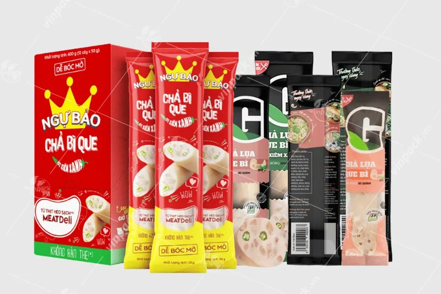 Mẫu bao bì chả que dạng thanh thiết kế hàn lưng giữa