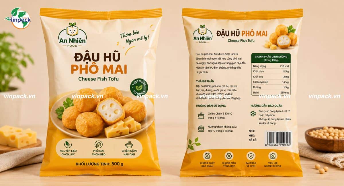 Mẫu bao bì đậu hũ phô mai 500g được tùy chỉnh theo kích thước riêng