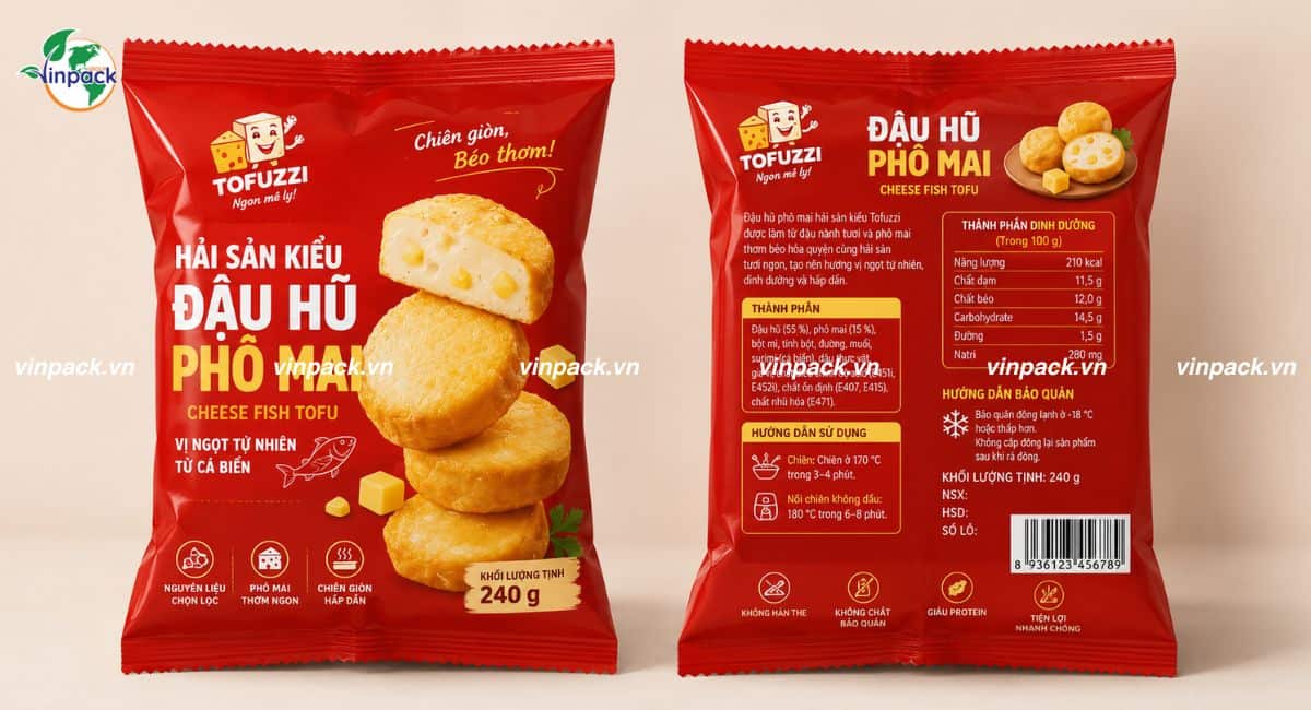 Mẫu bao bì đậu hũ phô mai in trục đồng 3 màu đẹp