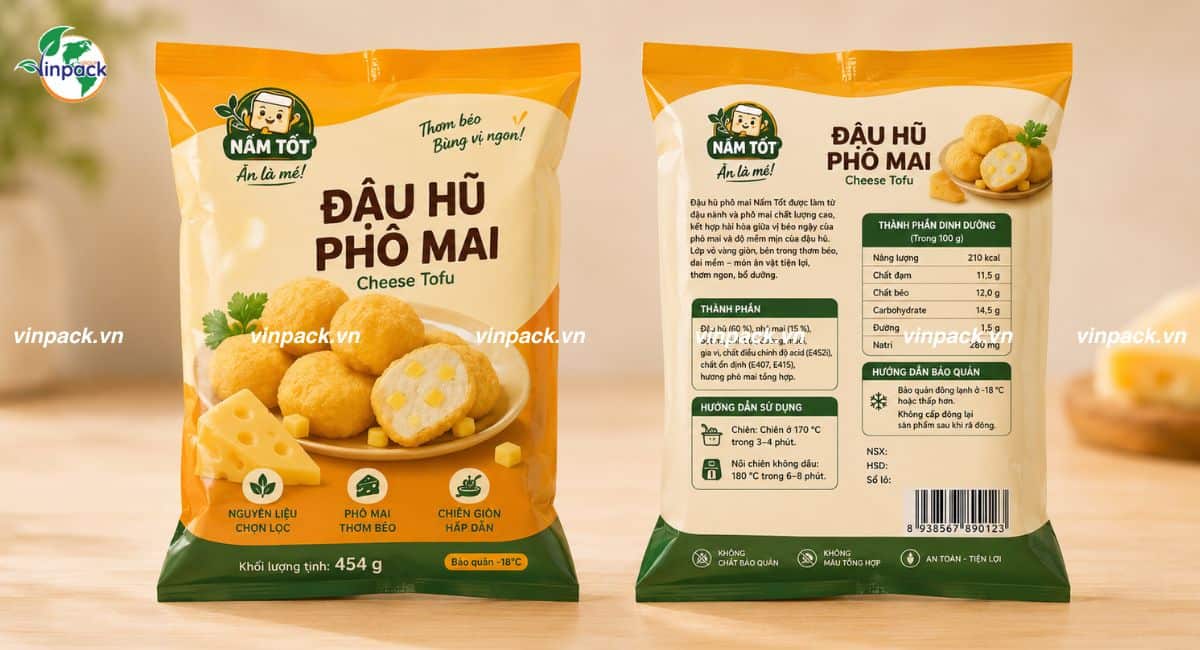 Mẫu bao bì đậu hũ phô mai được in trục đồng 4 màu 2 mặt trước sau