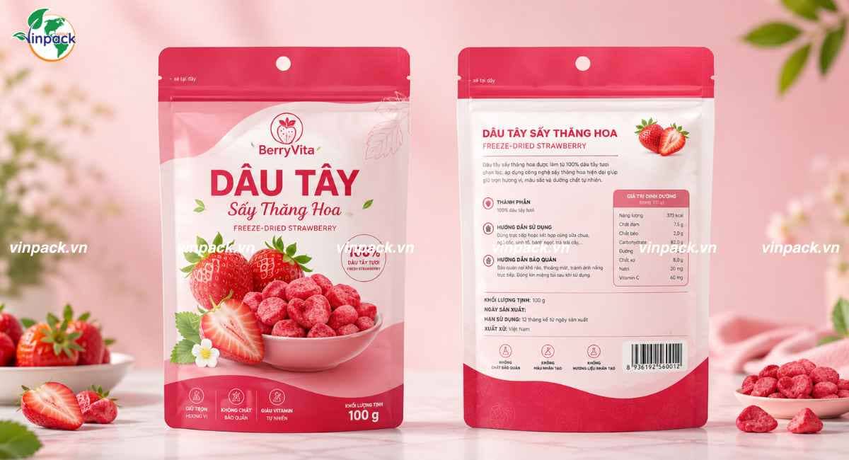 Mẫu bao bì dâu sấy thăng hoa túi 100g có zipper đáy đứng đục lỗ treo