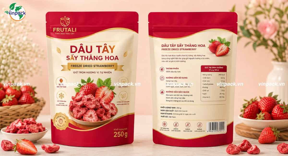 Mẫu bao bì dâu sấy thăng hóa 250g túi zipper in trục đồng 4 màu theo yêu cầu doanh nghiệp