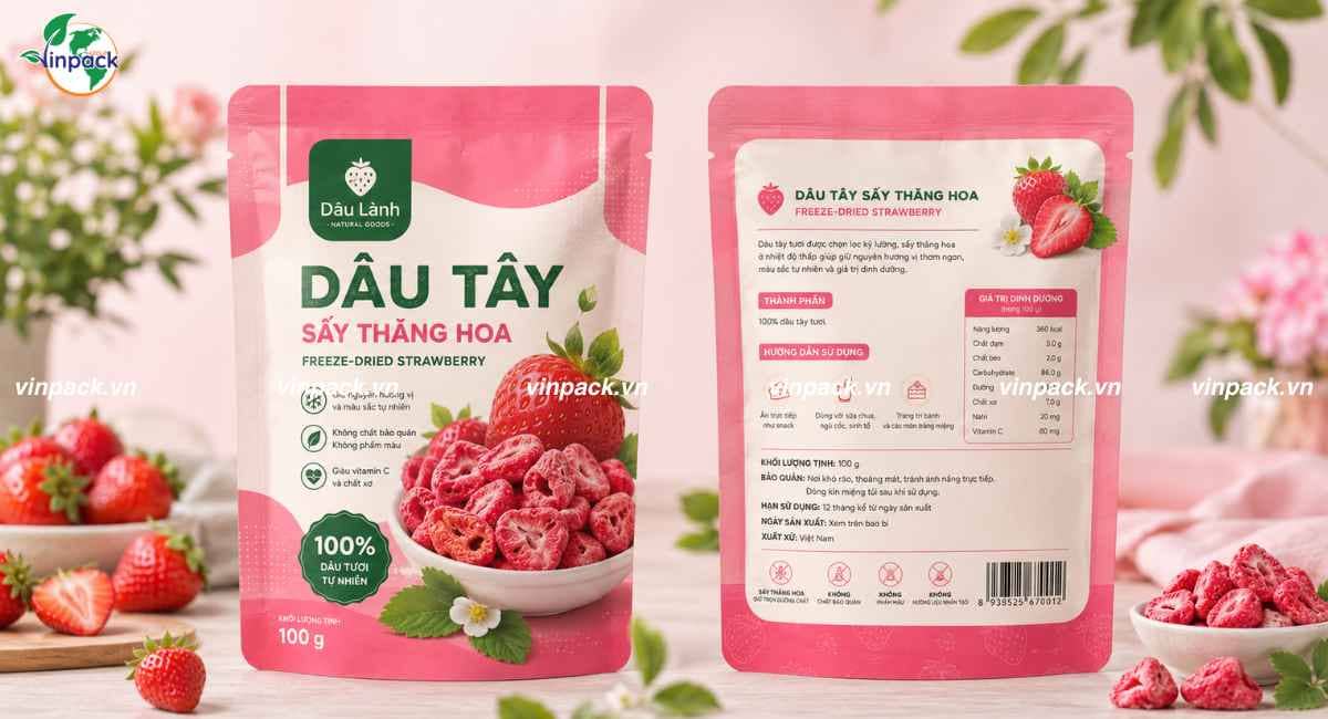 Mẫu bao bì dâu sấy thăng hoa dạng túi 3 biên in trục đồng