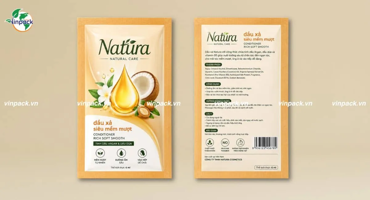 Mặt trước sau của bao bì dầu xả tóc dạng dây