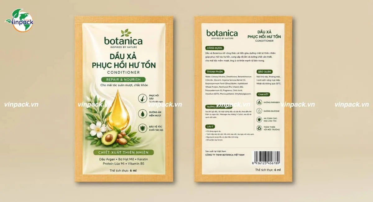 Bao bì dầu xả tóc dạng gói in trục đồng theo yêu cầu
