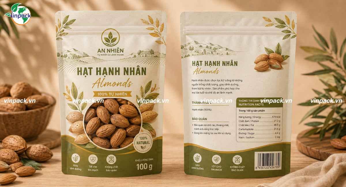Mẫu bao bì hạnh nhân 100g túi zipper đục cửa sổ tiện lợi