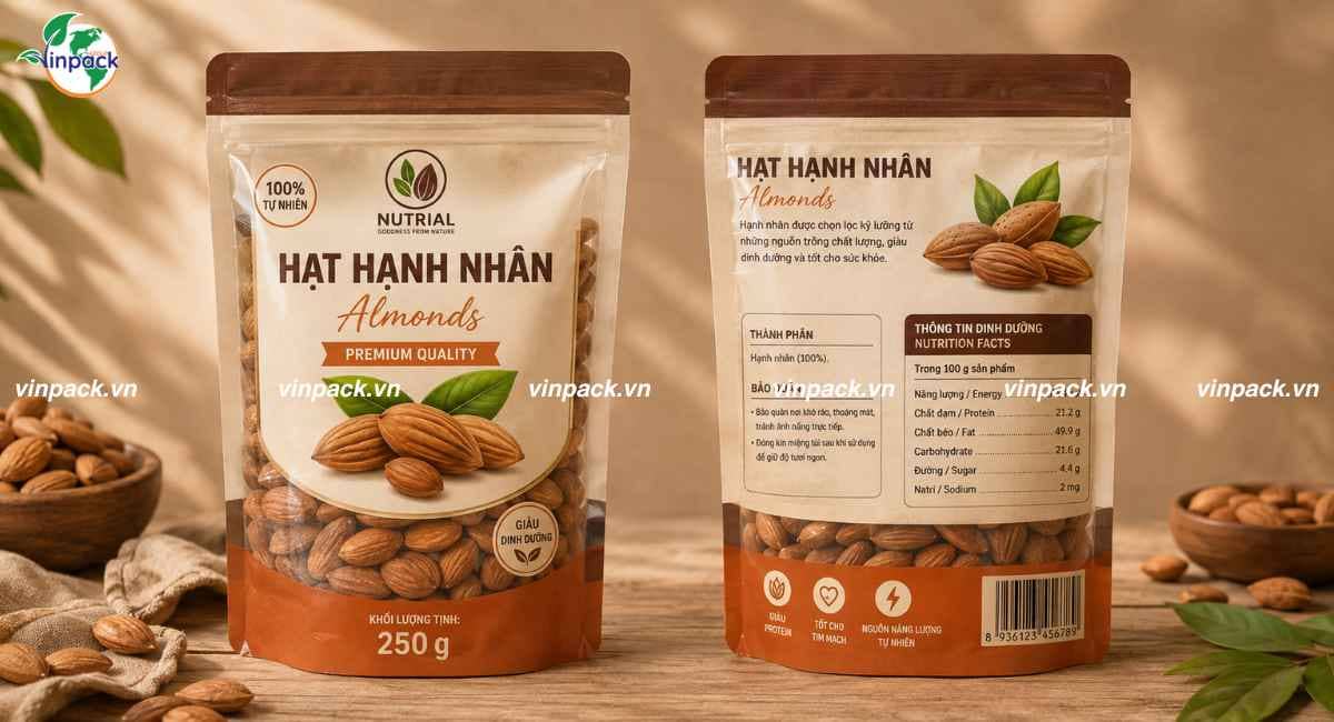 Mẫu bao bì hạnh nhân 250g túi zipper đáy đứng in trục đồng 4 màu