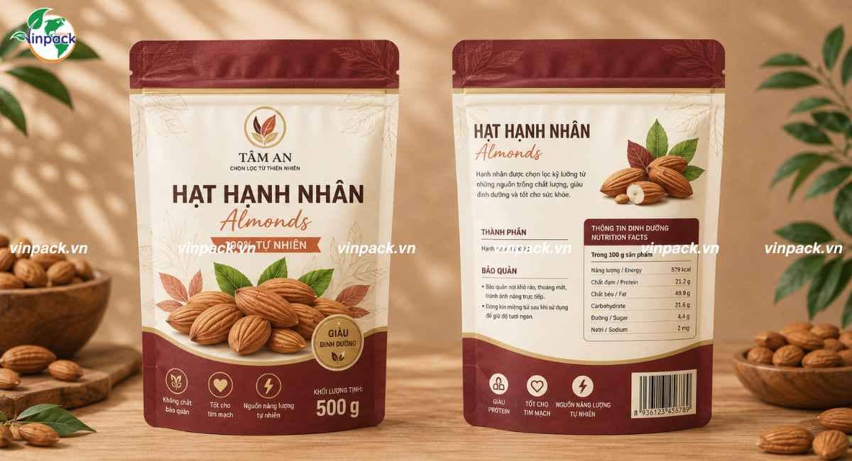 Mẫu bao bì hạnh nhân 500g túi zipper có gia công lỗ xé