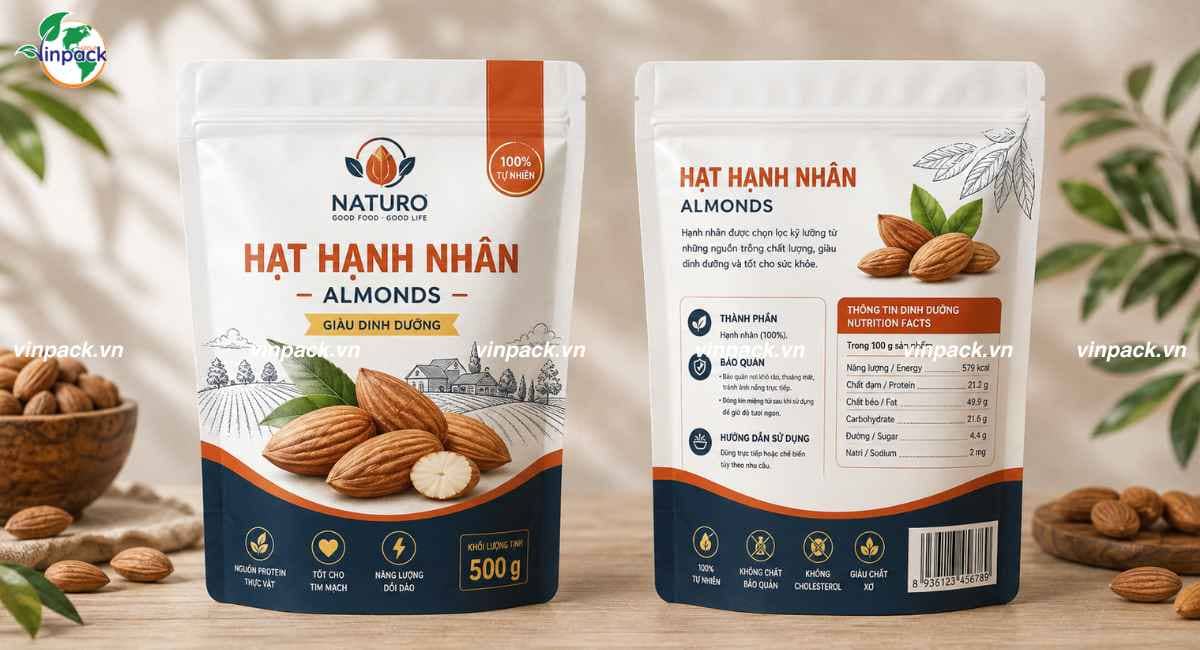 Mẫu bao bì hạnh nhân túi zipper đáy đứng in trục đồng theo yêu cầu doanh nghiệp