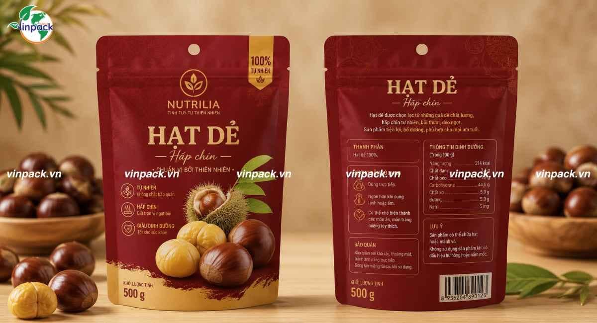Mẫu bao bì hạt dẻ 500g túi zipper lớn in trục đồng theo yêu cầu