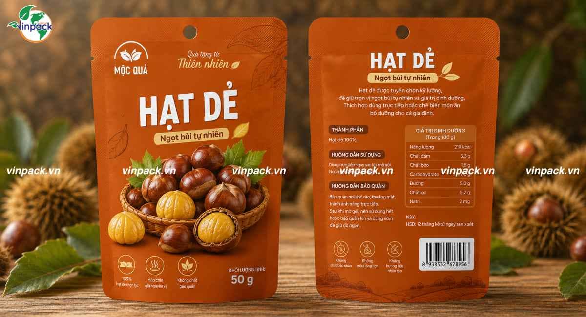 Mẫu bao bì hạt dẻ túi nhỏ 2 lớp dạng 3 biên cho khối lượng 50g