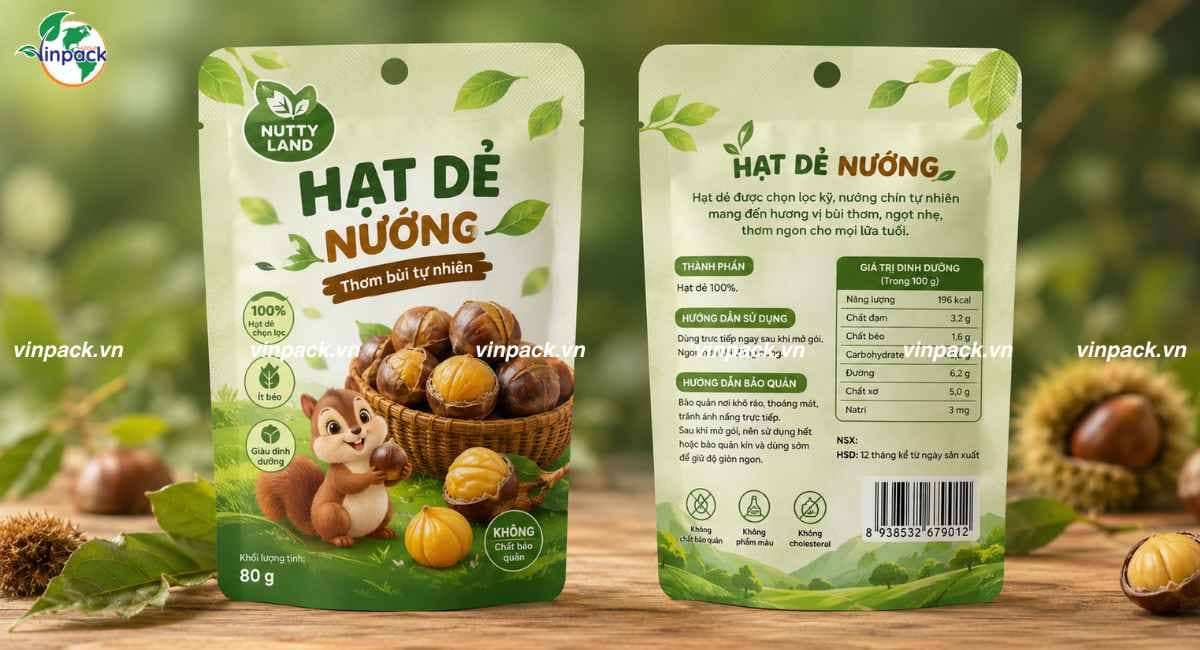 Mẫu bao bì hạt dẻ 80g Zipper in trục đồng gia công lỗ treo