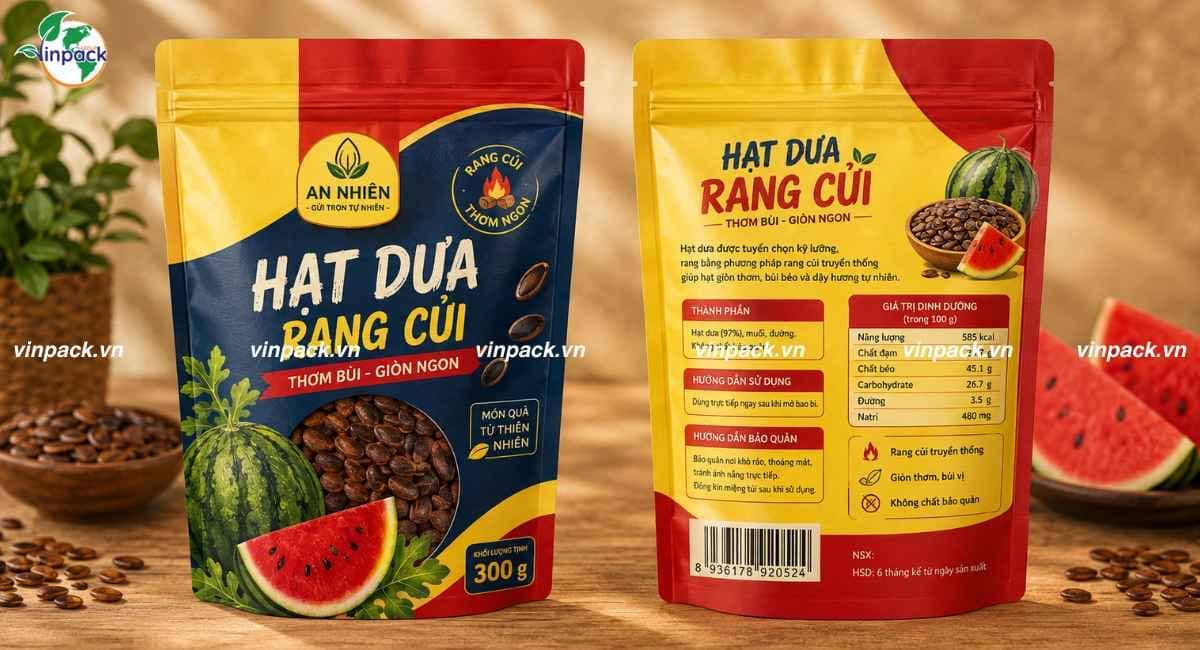 Mẫu bao bì hạt dưa túi zipper đáy đứng in trục đồng 7 màu tại Vinpack