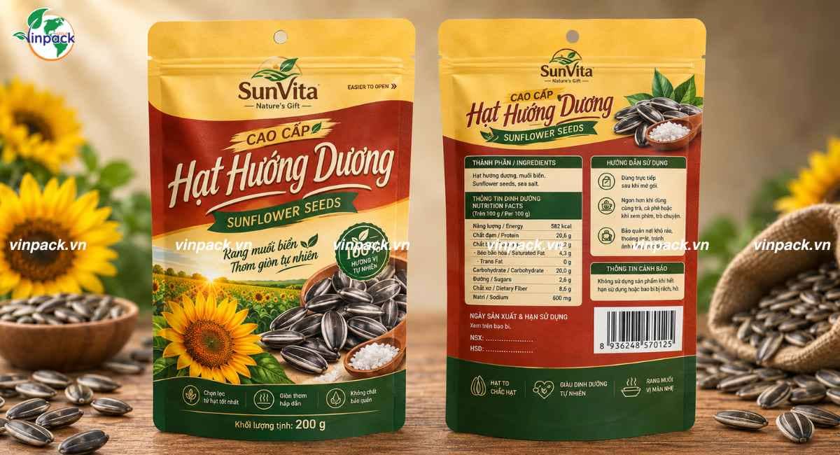 Mẫu bao bì hạt hướng dương 200g in trục đồng có khóa zipper tiện lợi