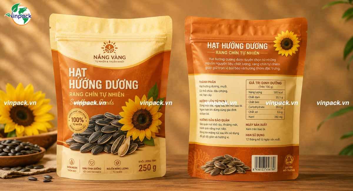 Mẫu bao bì hạt hướng dương có khóa zipper túi đáy đứng in trục đồng