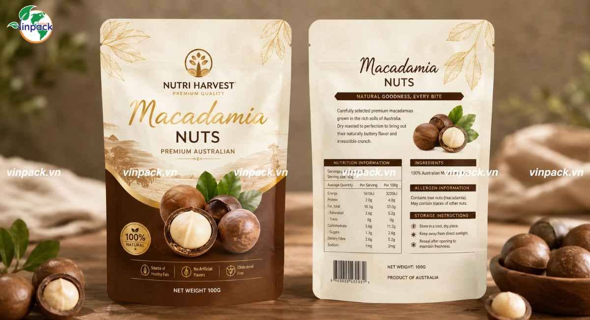 Mẫu bao bì hạt macca 100g túi zipper đáy đứng in 2 mặt trước sau