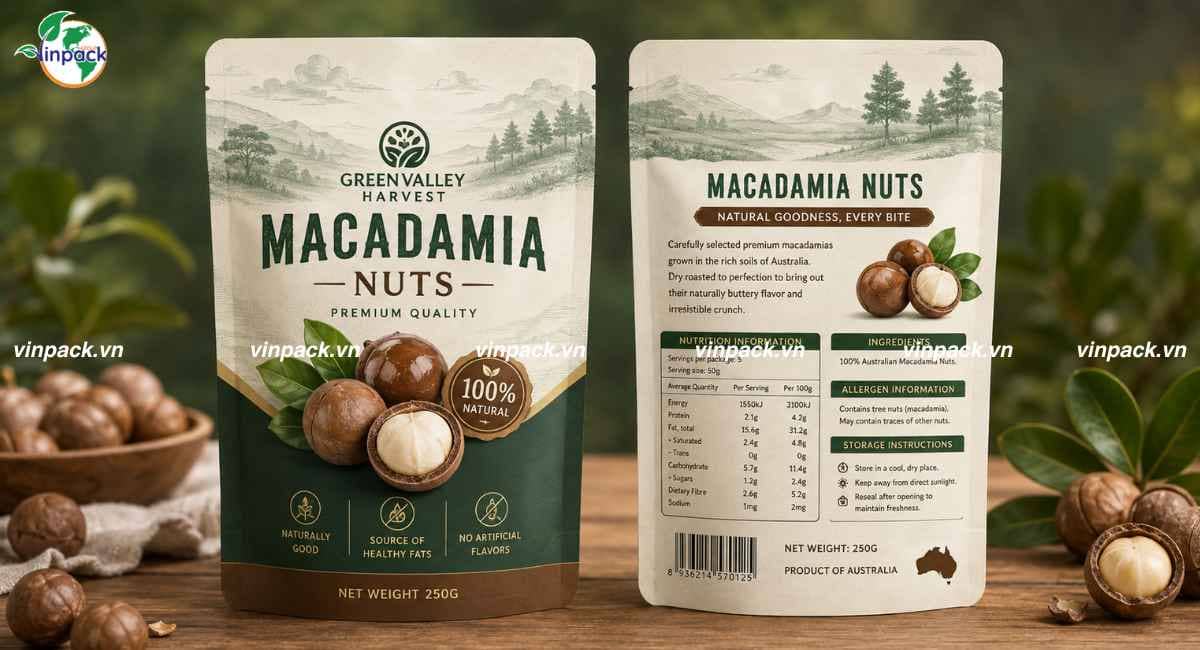 Mẫu bao bì hạt macca 250g túi zipper đáy đứng in trục đồng 7 màu đơn giản