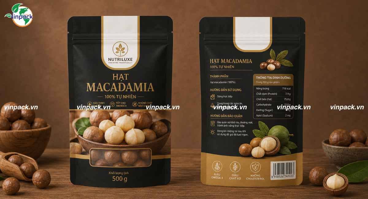 Mẫu bao bì hạt macca cao cấp túi lớn 500g