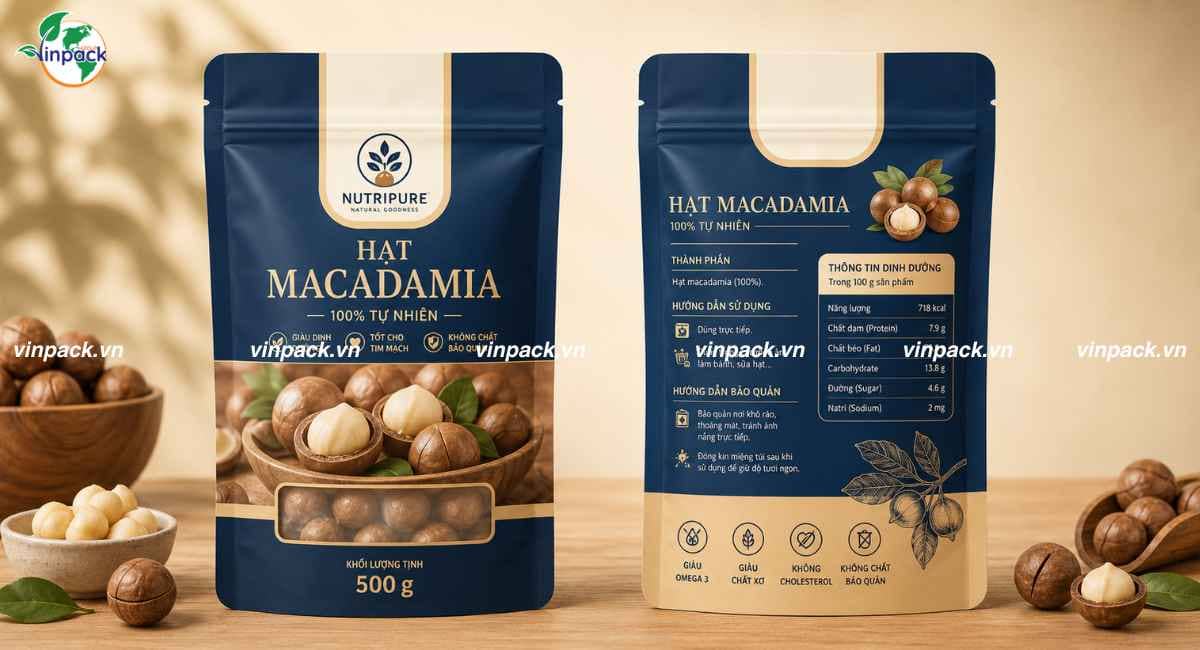 Mẫu bao bì hạt macca in trục đồng túi zipper có cửa sổ nhìn thấy macca bên trong